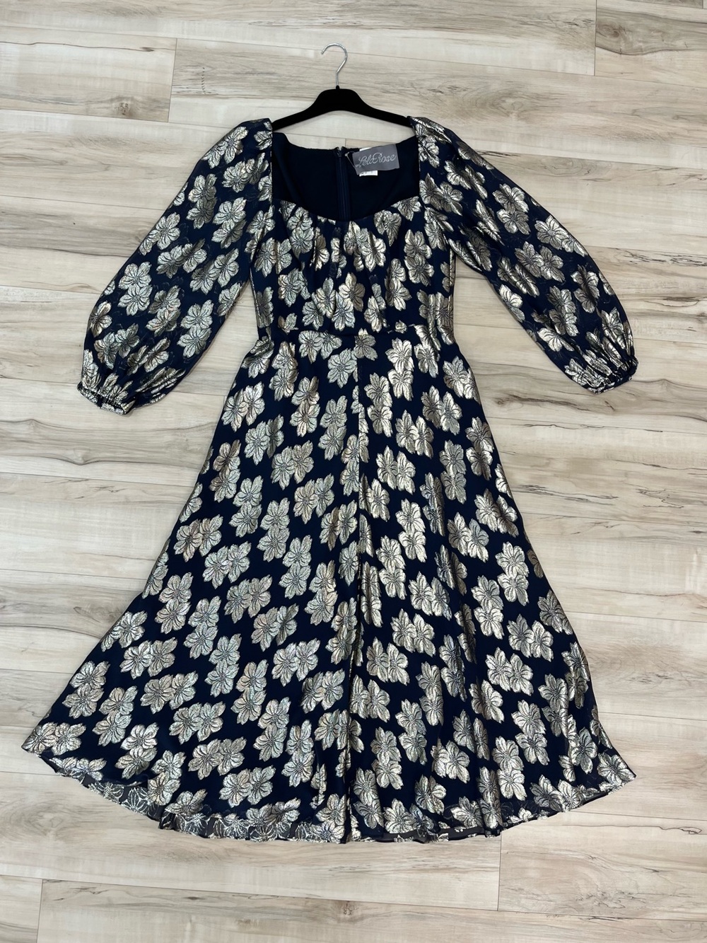 Lela Rose Navy Dress with Gold Floral Metallic Print